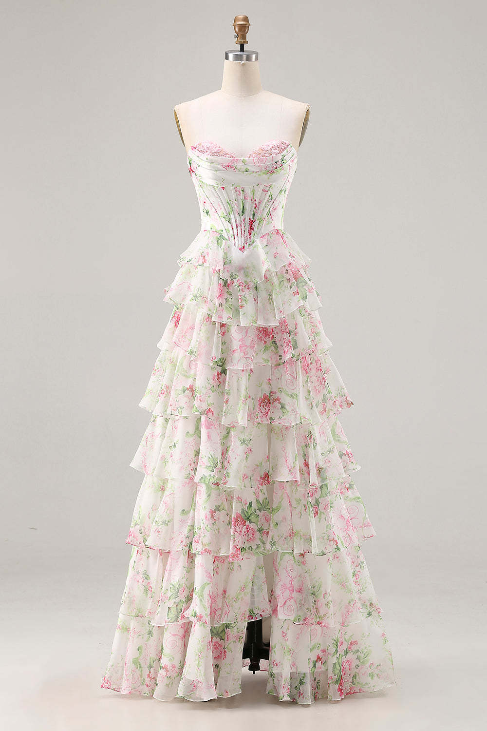 Floral Pink Tiered Plus Size Ruffled A Line Long Corset Prom Dress with Slit