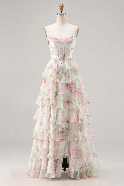Floral Pink Tiered Plus Size Ruffled A Line Long Corset Prom Dress with Slit