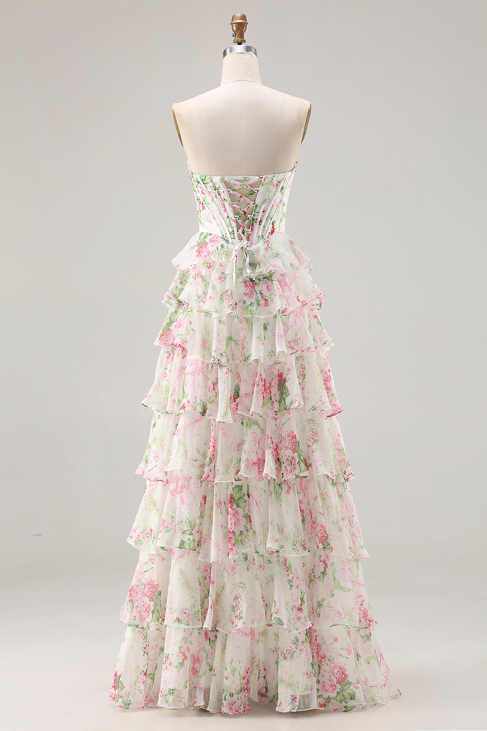 Floral Pink Tiered Ruffled A Line Long Corset Prom Dress with Slit