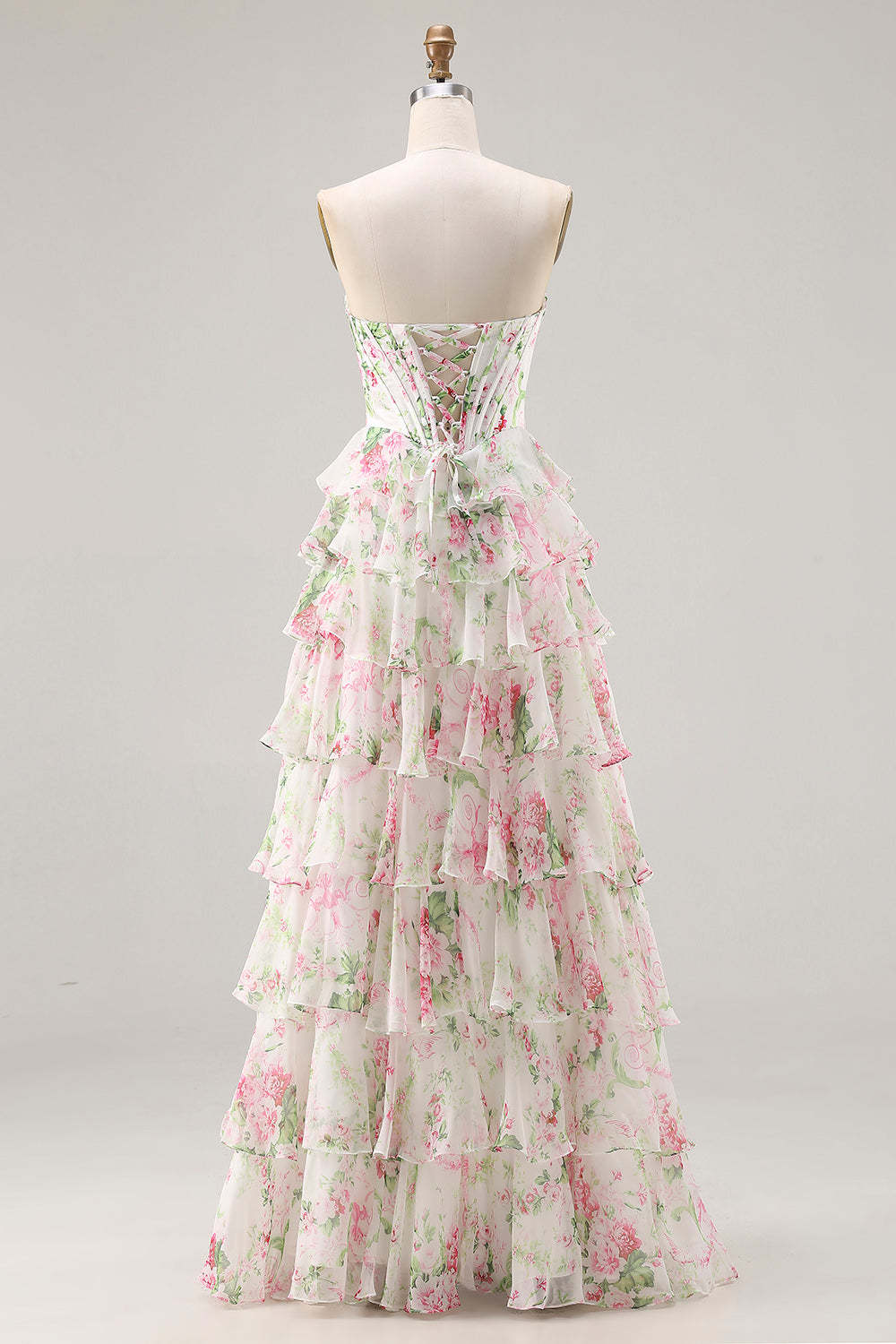 Floral Pink Tiered Plus Size Ruffled A Line Long Corset Prom Dress with Slit
