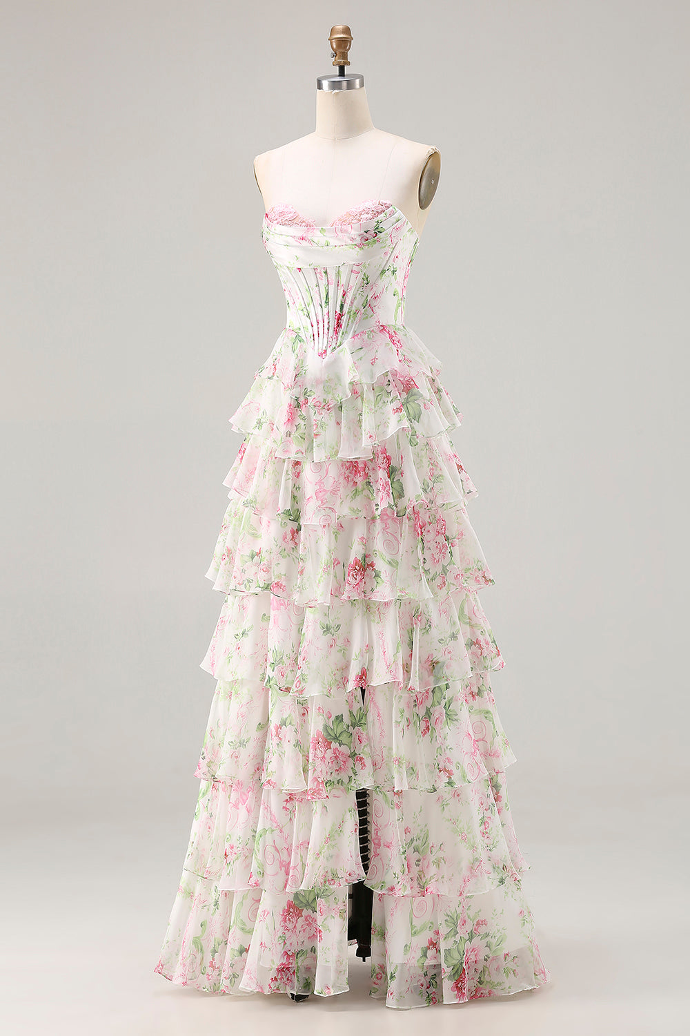Floral Pink Tiered Plus Size Ruffled A Line Long Corset Prom Dress with Slit