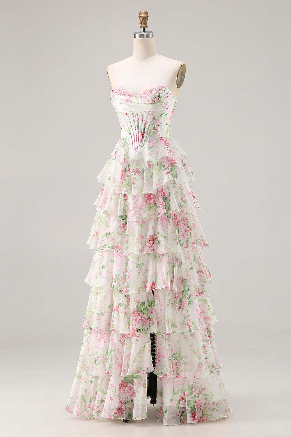Floral Pink Tiered Plus Size Ruffled A Line Long Corset Prom Dress with Slit