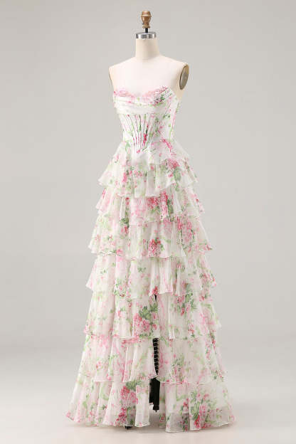 Floral Pink Tiered Plus Size Ruffled A Line Long Corset Prom Dress with Slit