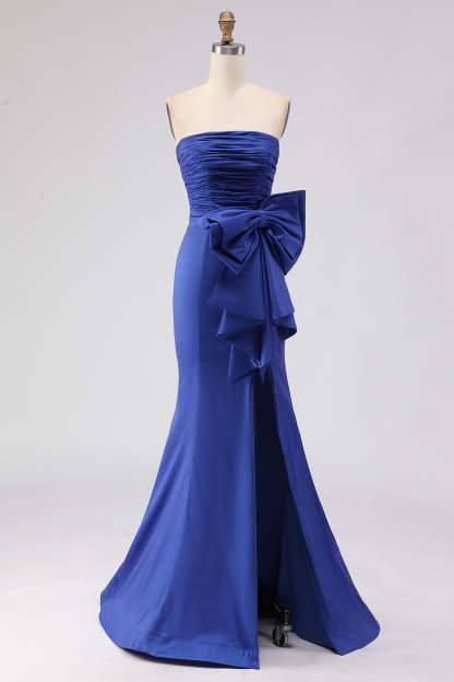Leely Women Royal Blue Satin Maxi Prom Dress with Slit Ruched Strapless Mermaid Formal Dress with Bow