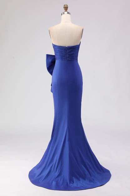 Royal Blue Strapless Mermaid Satin Long Prom Dress with Slit