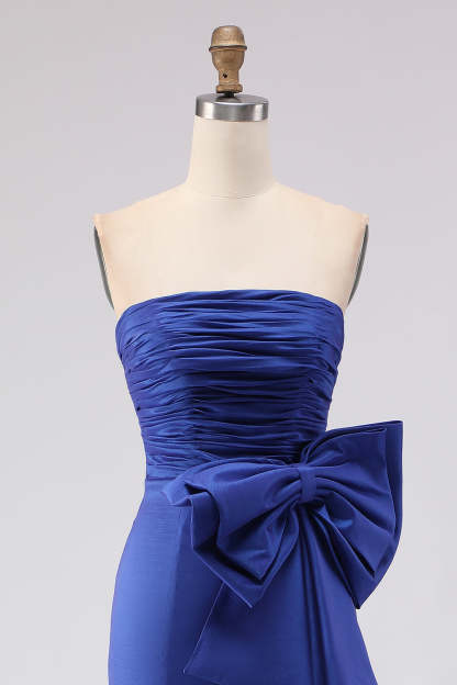 Royal Blue Strapless Mermaid Satin Long Prom Dress with Slit