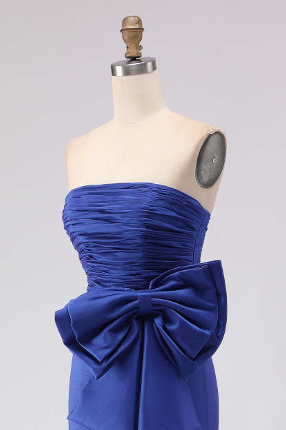 Royal Blue Strapless Mermaid Satin Long Prom Dress with Slit