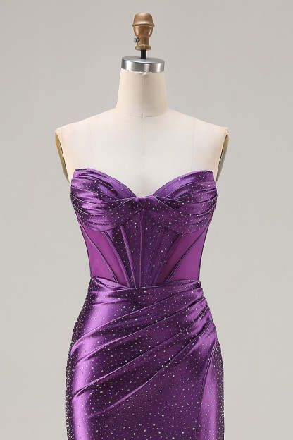 Sparkly Dark Purple Mermaid Beaded Long Corset Prom Dress with Slit