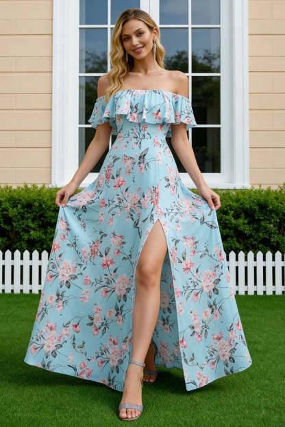 Leely Women Floral Blue and Pink Long Bridesmaid Dress with Slit Off the Shoulder A Line Wedding Guest Dress