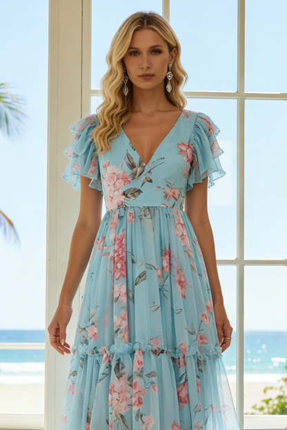 Floral Blue and Pink V-Neck A Line Long Bridesmaid Dress with Ruffles