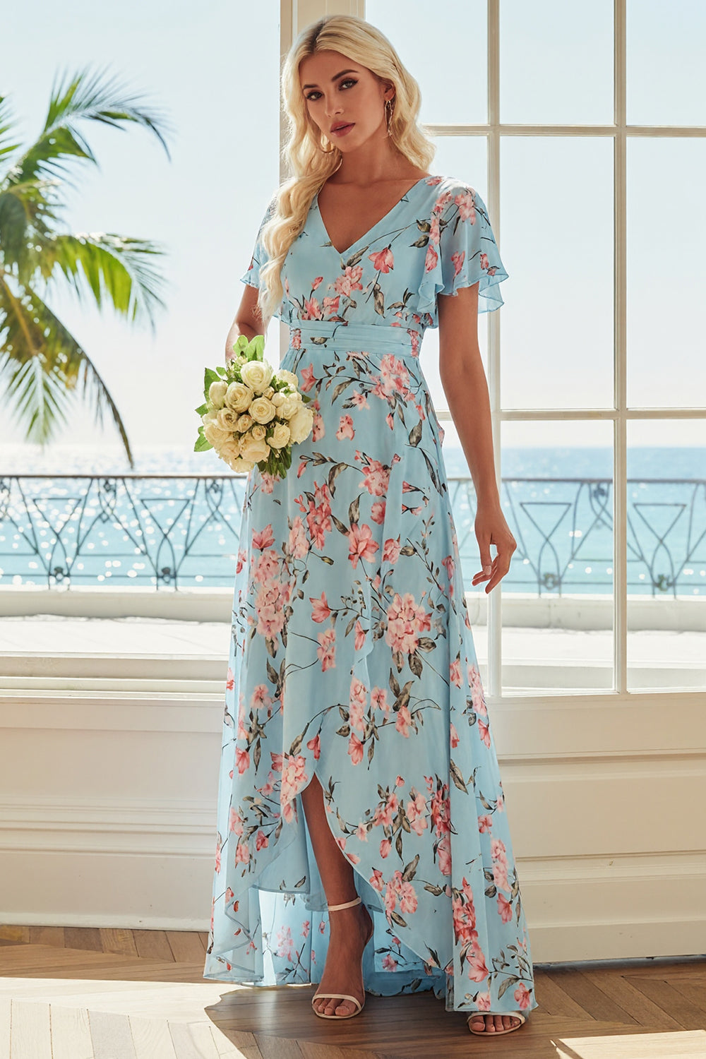 Floral Blue and Pink V-Neck A Line Asymmetrical Bridesmaid Dress