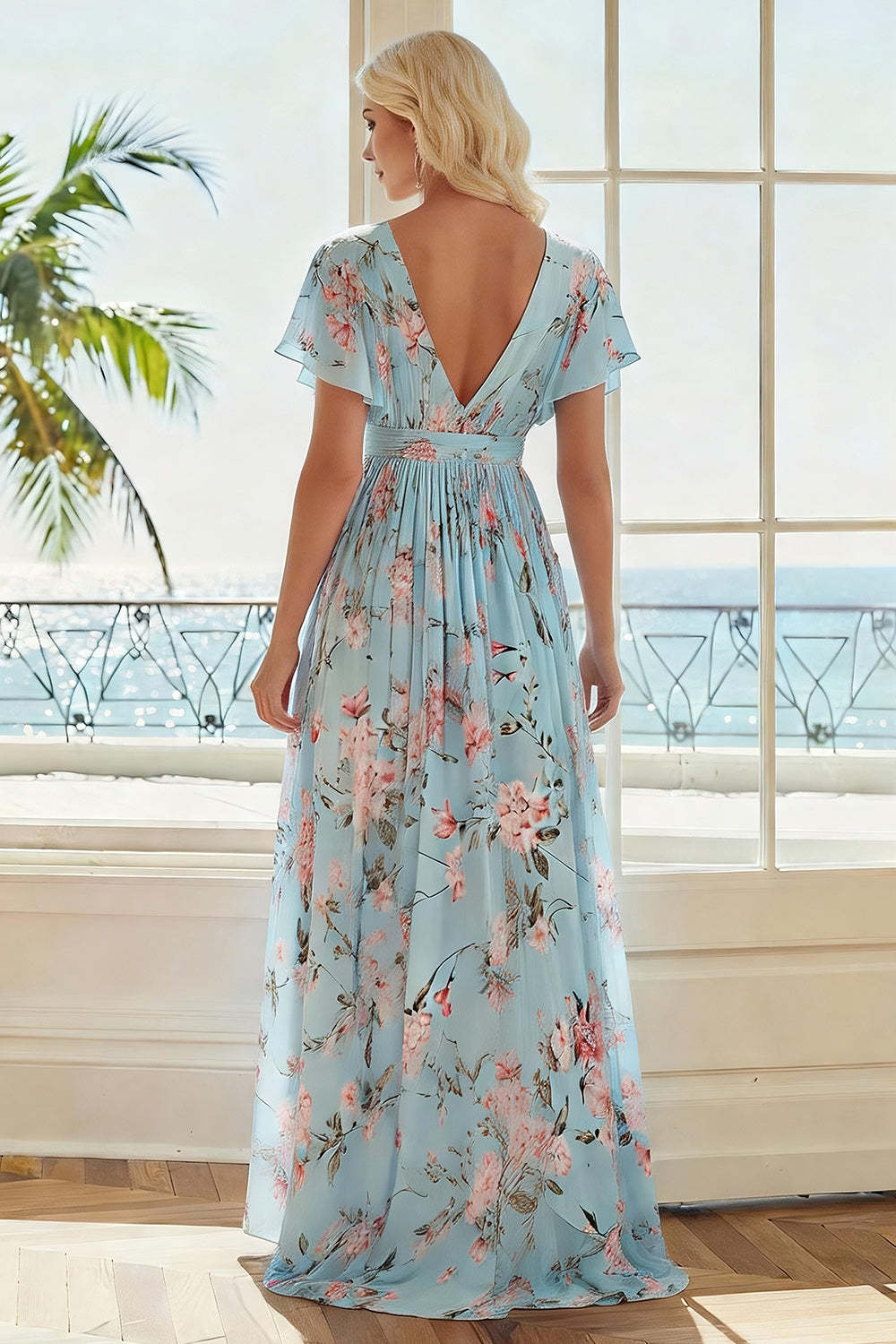 Floral Blue and Pink V-Neck A Line Asymmetrical Bridesmaid Dress