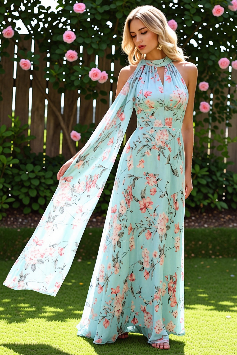 Floral Blue and Pink Backless A Line Long Bridesmaid Dress