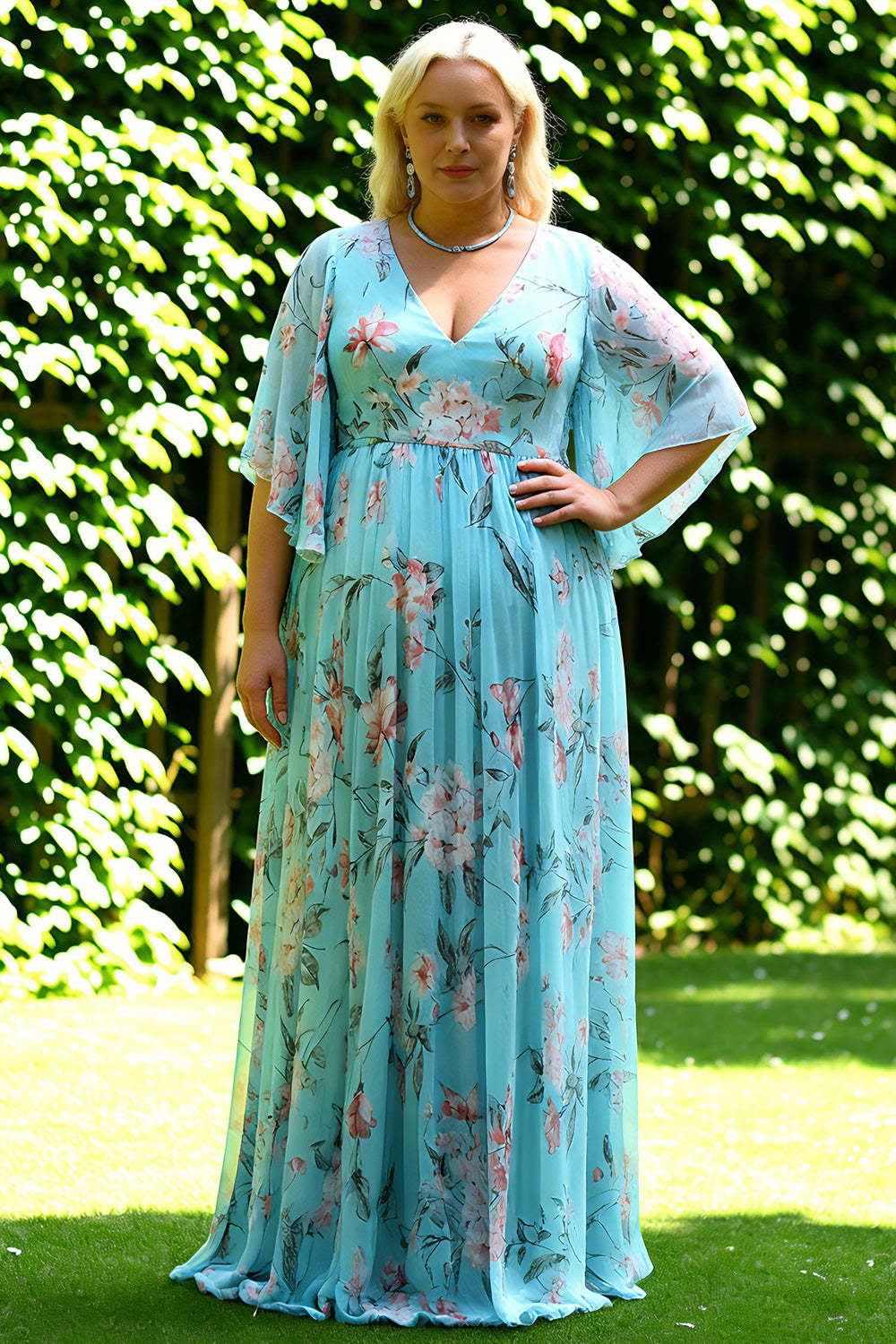 Leely Women Floral Blue and Pink Long Bridesmaid Dress V-Neck Plus Size Wedding Guest Dress with Sleeves