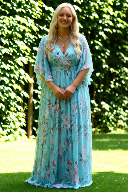 Floral Blue and Pink V-Neck Long Plus Size Bridesmaid Dress with Sleeves