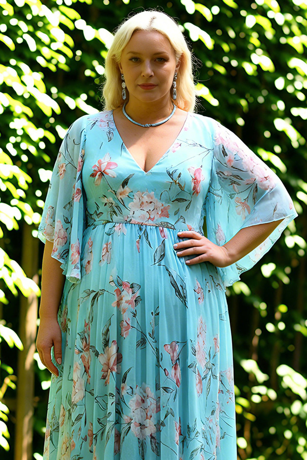 Floral Blue and Pink V-Neck Long Plus Size Bridesmaid Dress with Sleeves