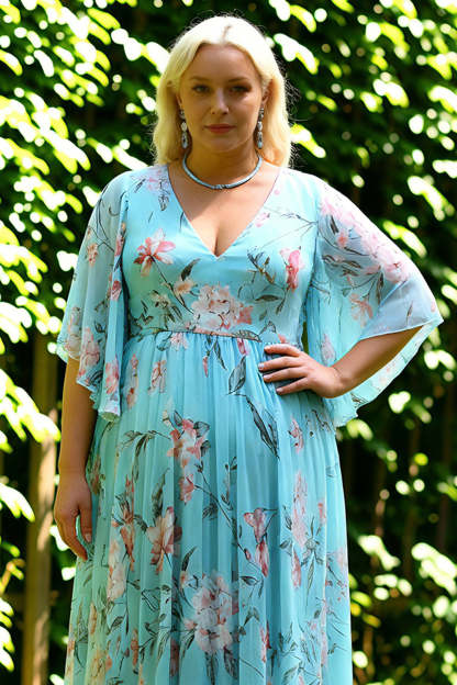 Floral Blue and Pink V-Neck Long Plus Size Bridesmaid Dress with Sleeves
