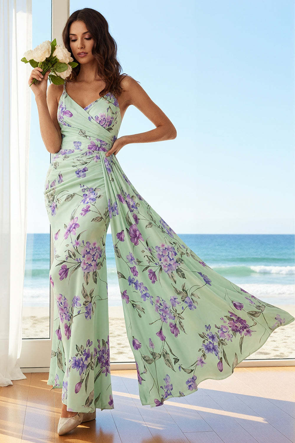 Leely Women Floral Green and Purple Long Bridesmaid Dress with Side Cape Backless Ruched Spaghetti Straps Wedding Guest Dress