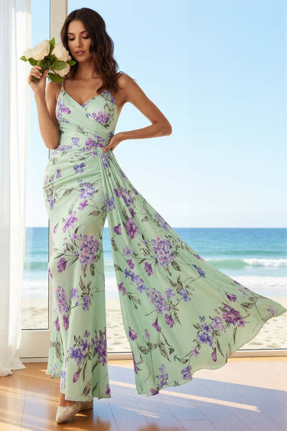 Leely Women Floral Green and Purple Long Bridesmaid Dress with Side Cape Backless Ruched Spaghetti Straps Wedding Guest Dress