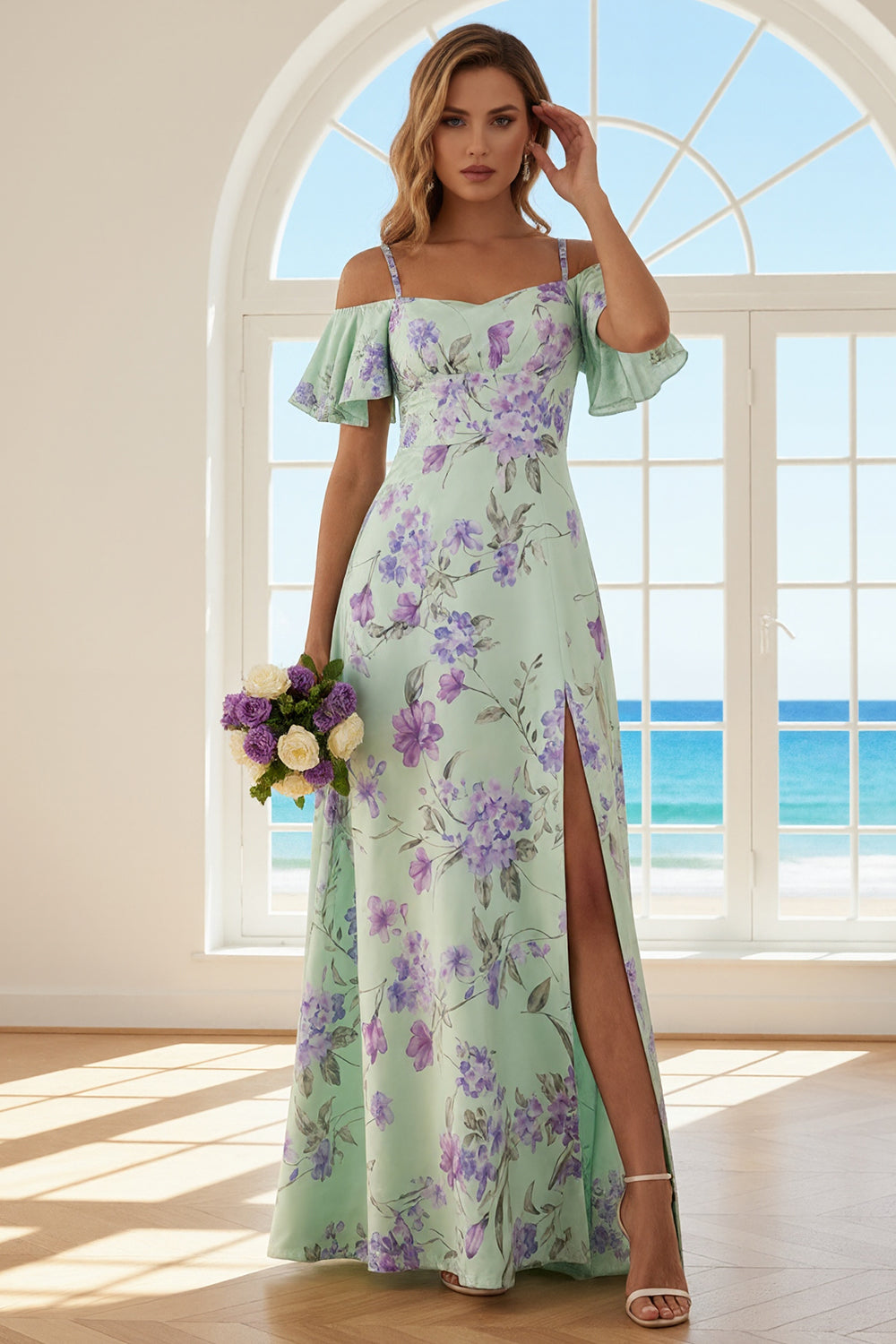 Floral Green and Purple Cold Shoulder Long Bridesmaid Dress with Slit