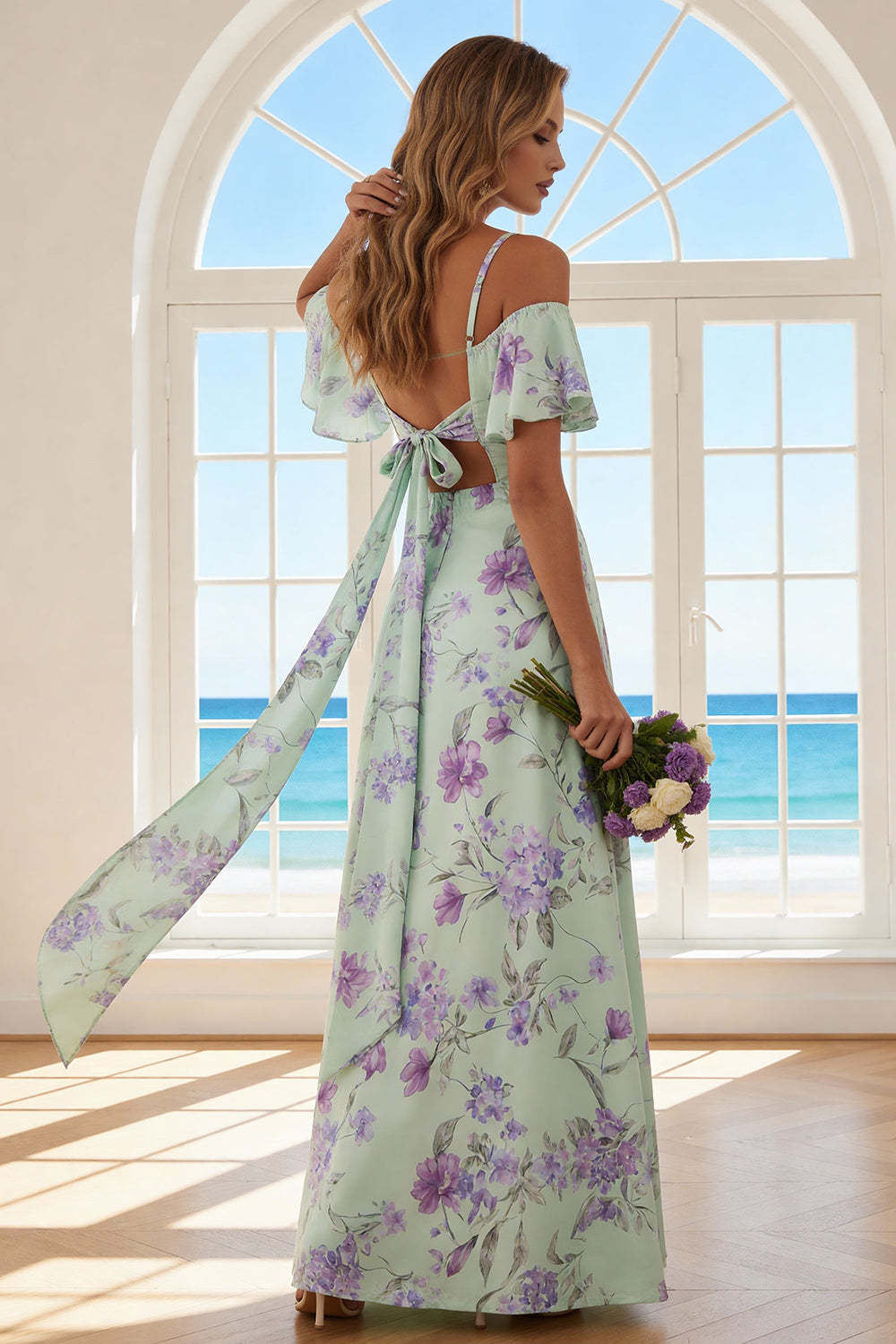 Floral Green and Purple Cold Shoulder Long Bridesmaid Dress with Slit