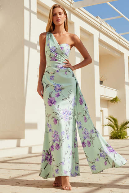 Leely Women Floral Green and Purple Long Bridesmaid Dress One Shoulder Ruched Mermaid Wedding Guest Dress with Side Cape