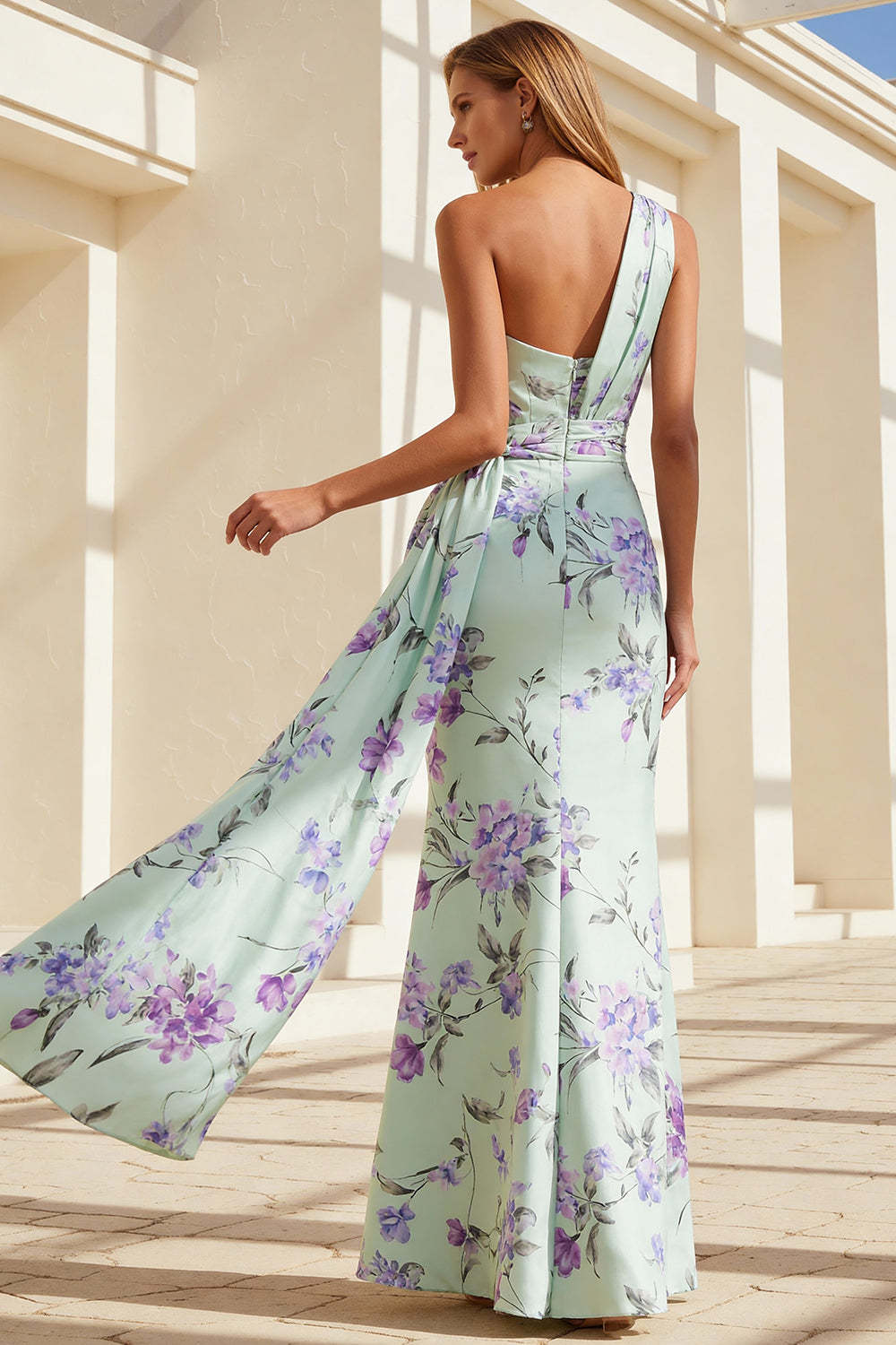 Floral Green and Purple One Shoulder Long Bridesmaid Dress with Cape