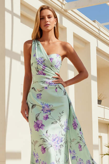Floral Green and Purple One Shoulder Long Bridesmaid Dress with Cape