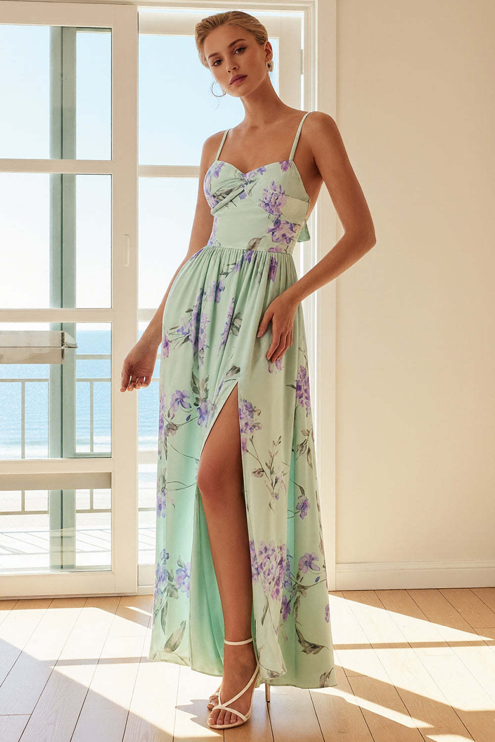 Leely Women Floral Green and Purple Long Bridesmaid Dress with Slit Spaghetti Straps Backless A Line Wedding Guest Dress
