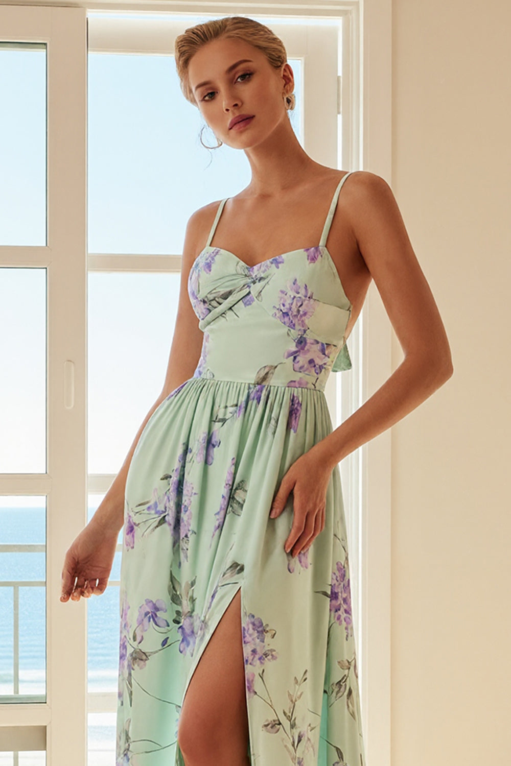Floral Green and Purple Spaghetti Straps Long Bridesmaid Dress with Slit