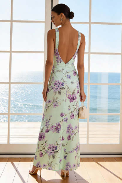 Floral Green and Purple Thick Straps Long Bridesmaid Dress