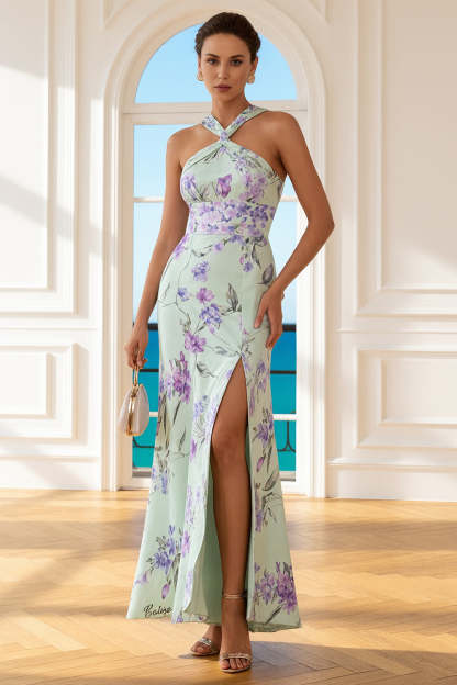 Floral Blue and Pink Criss Cross Neck Long Bridesmaid Dress with Slit