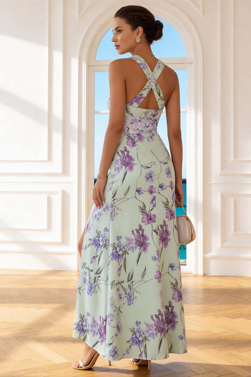 Floral Blue and Pink Criss Cross Neck Long Bridesmaid Dress with Slit