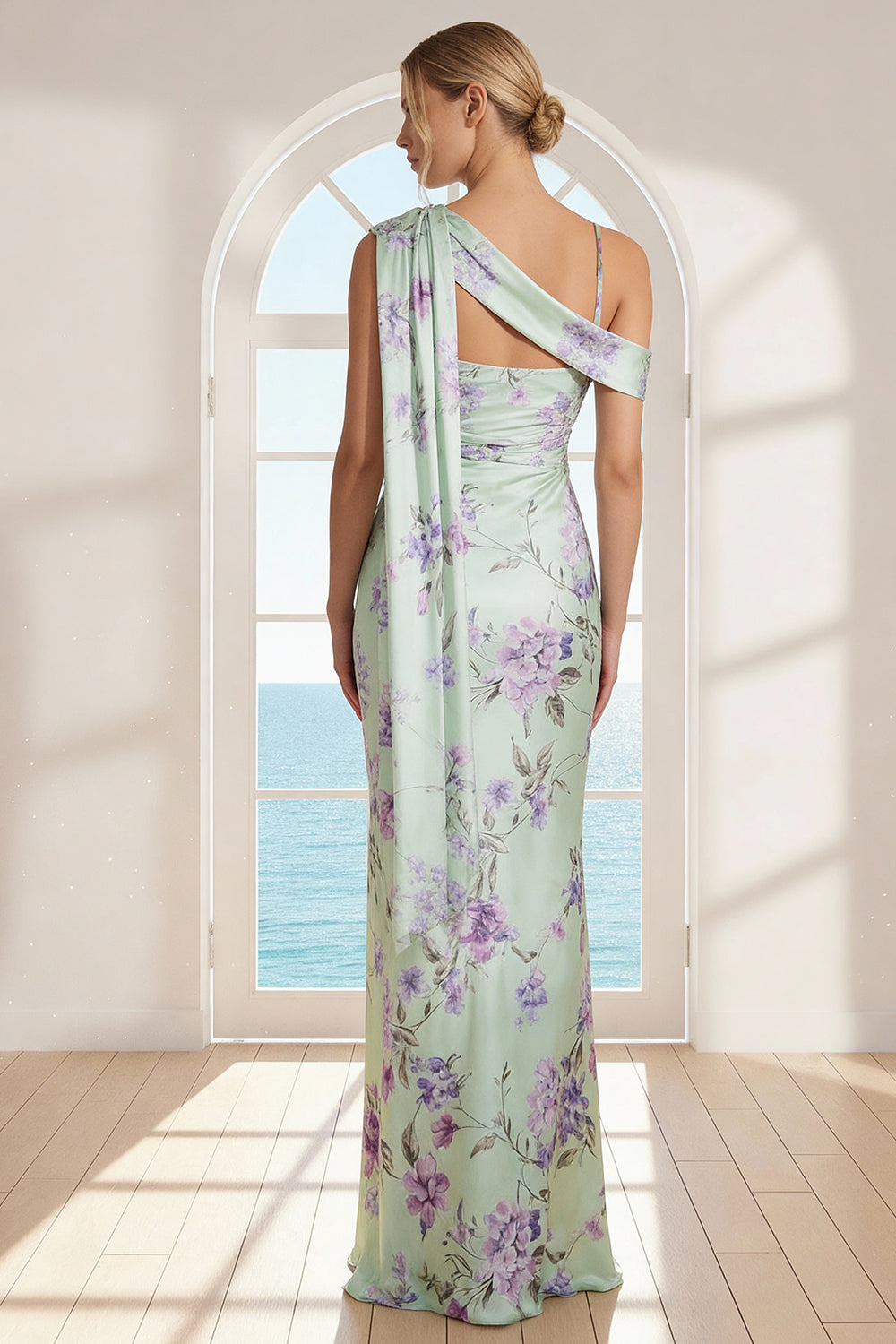 Floral Green and Purple Asymmetrical Neck Mermaid Bridesmaid Dress