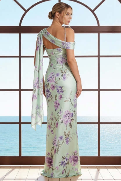 Floral Green and Purple Asymmetrical Neck Mermaid Bridesmaid Dress