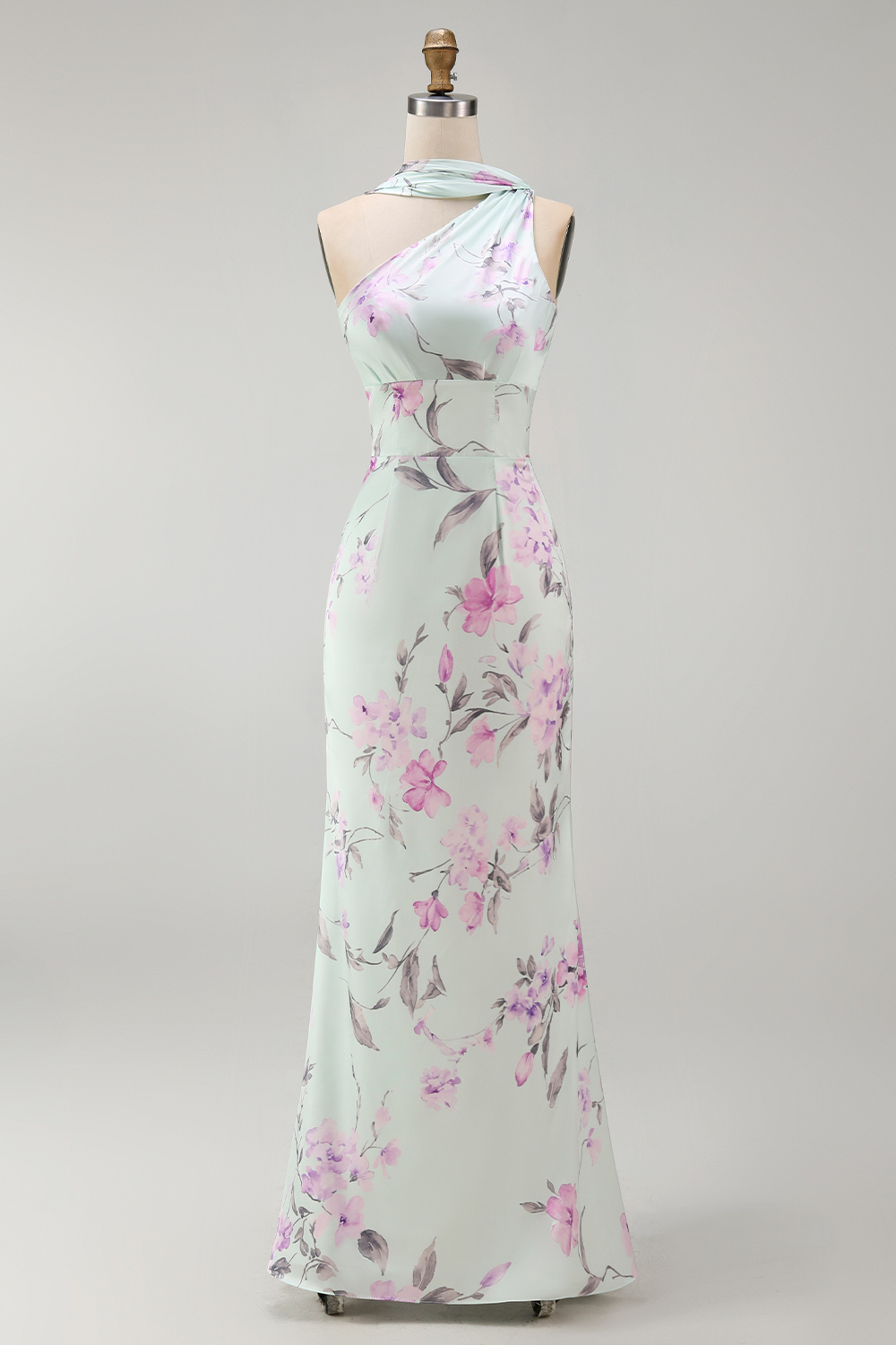 Floral Green and Purple One Shoulder Long Bridesmaid Dress