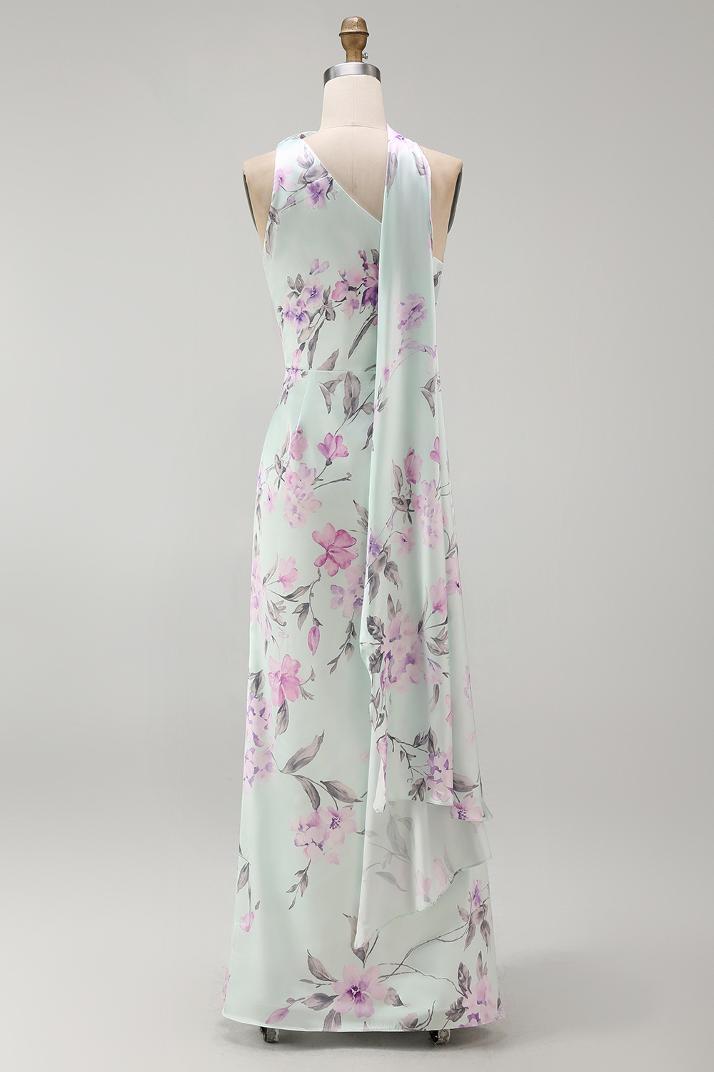 Floral Green and Purple One Shoulder Long Bridesmaid Dress