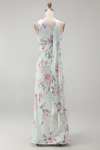 Floral Green and Purple One Shoulder Long Bridesmaid Dress