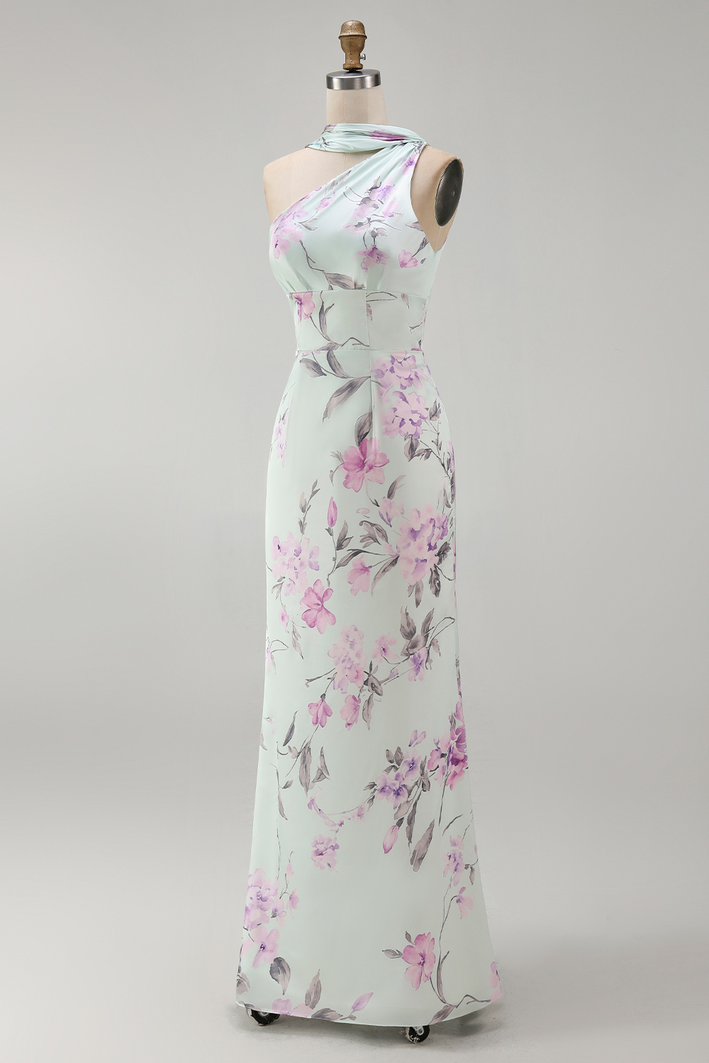 Floral Green and Purple One Shoulder Long Bridesmaid Dress