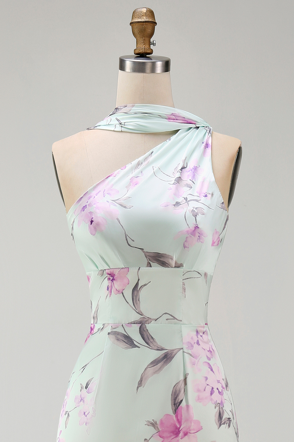 Floral Green and Purple One Shoulder Long Bridesmaid Dress