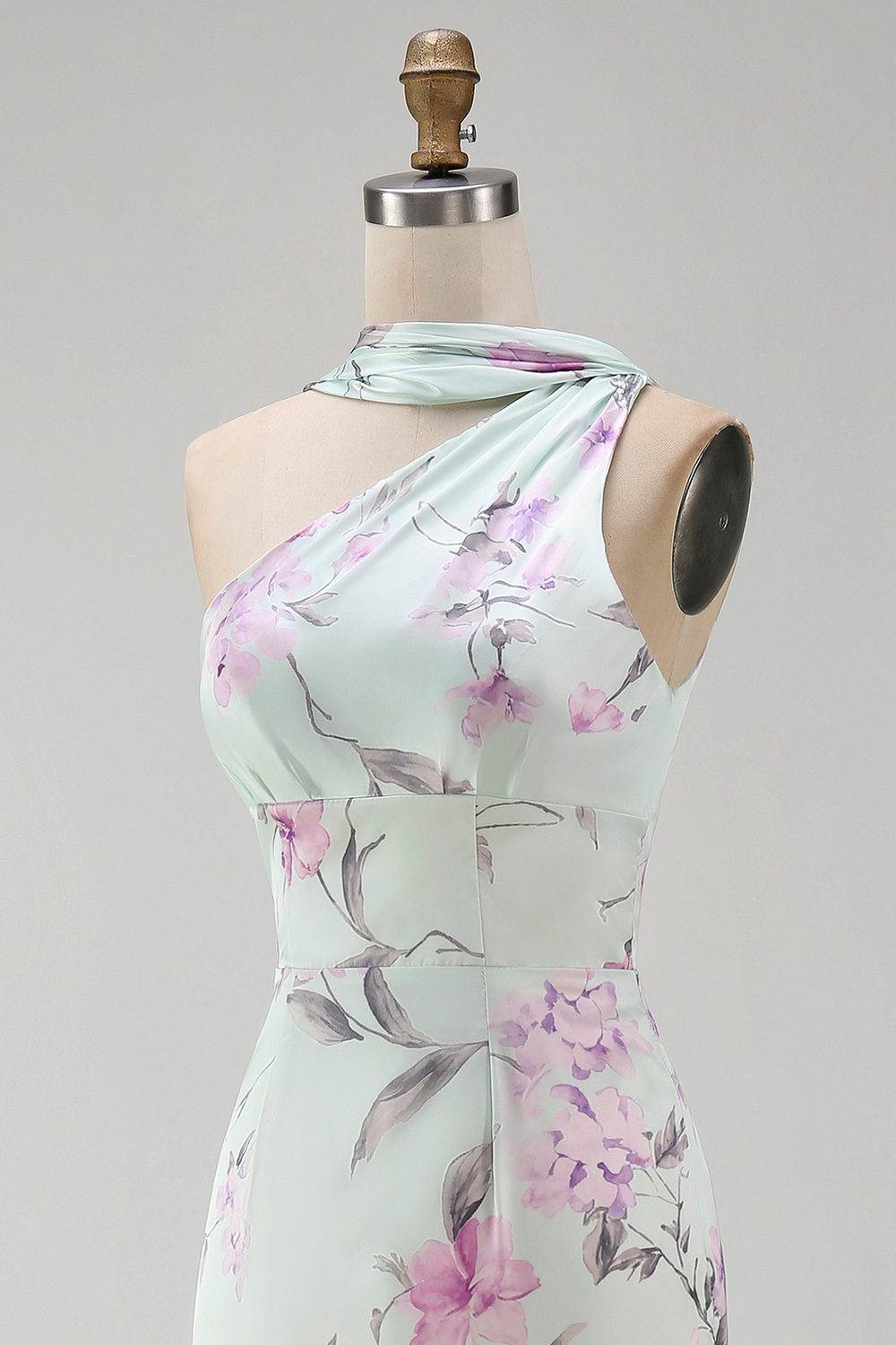 Floral Green and Purple One Shoulder Long Bridesmaid Dress