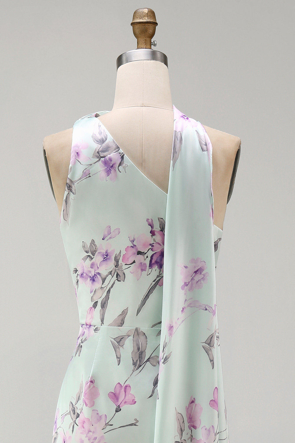 Floral Green and Purple One Shoulder Long Bridesmaid Dress