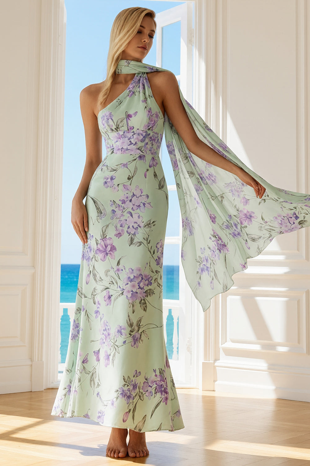 Leely Women Floral Green and Purple Long Bridesmaid Dress One Shoulder Neck Scarf Mermaid Wedding Guest Dress