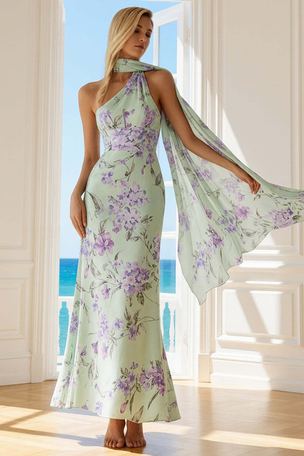 Leely Women Floral Green and Purple Long Bridesmaid Dress One Shoulder Neck Scarf Mermaid Wedding Guest Dress
