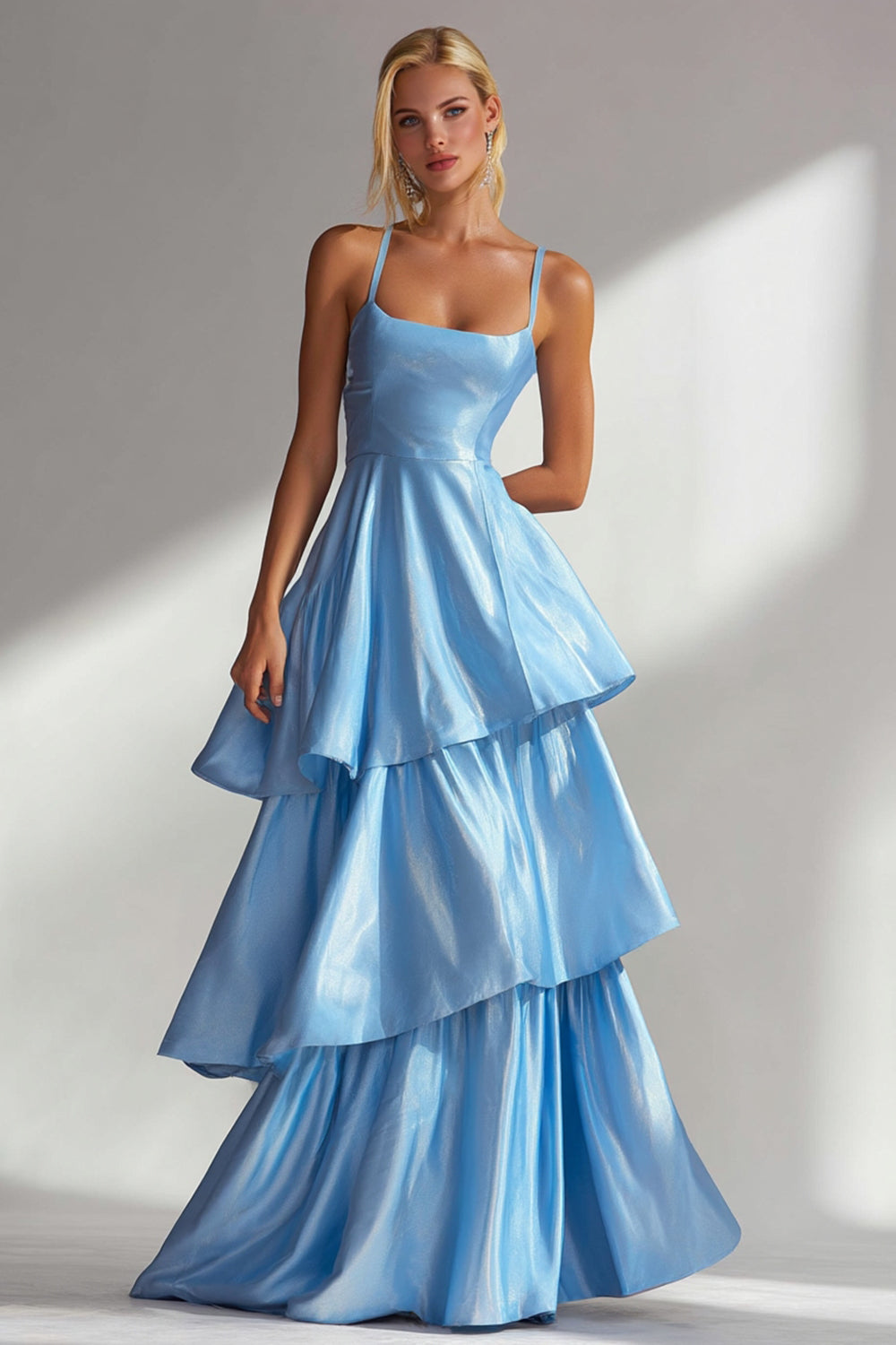 Leely Women Light Blue Long Prom Dress with Ruffles Spaghetti Straps Tiered A Line Gala Dress
