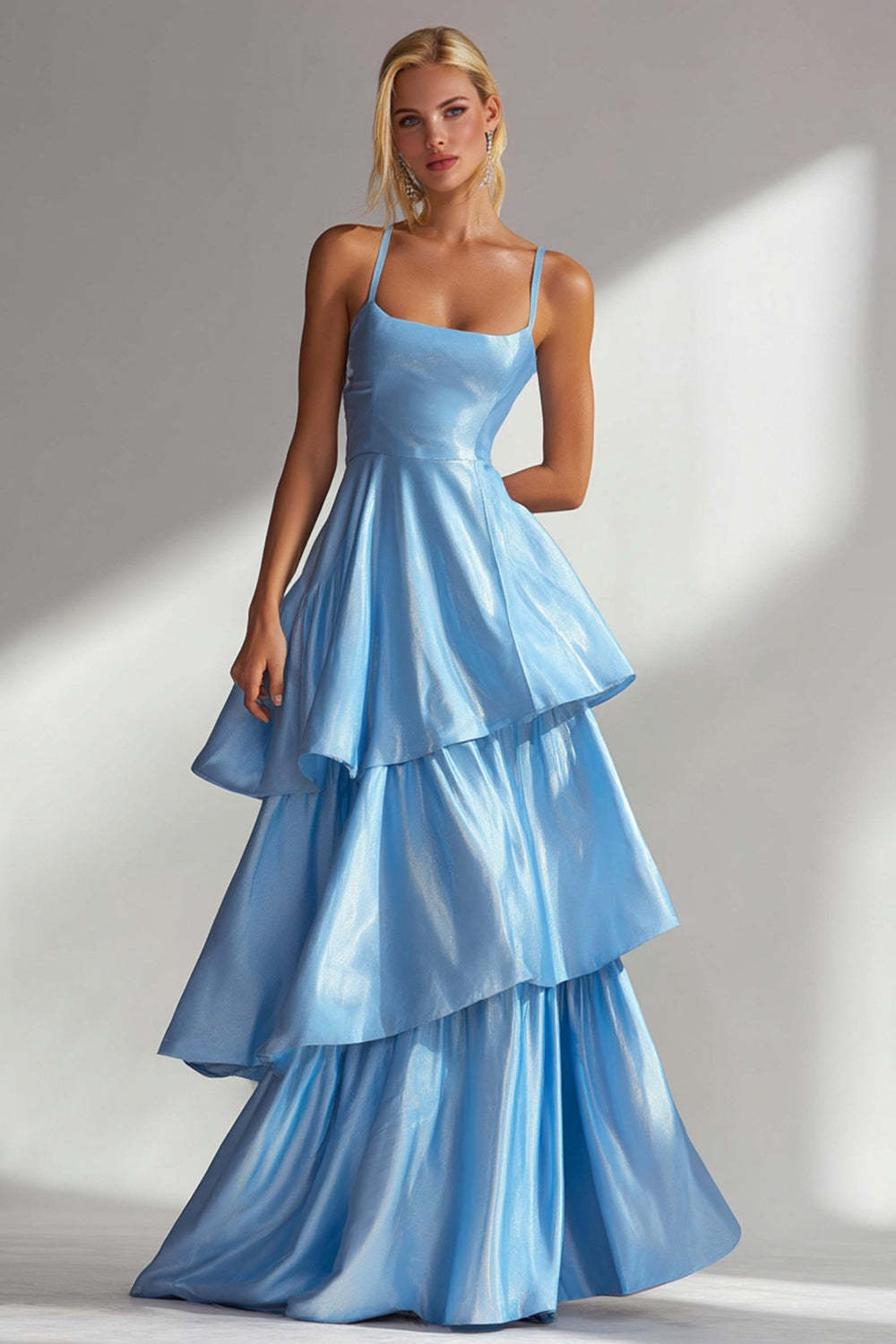 Leely Women Light Blue Long Prom Dress with Ruffles Spaghetti Straps Tiered A Line Gala Dress