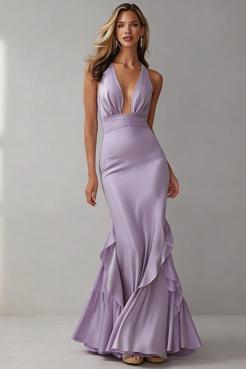 Lilac Mermaid Halter Neck Maxi Bridesmaid Dress with Ruffles