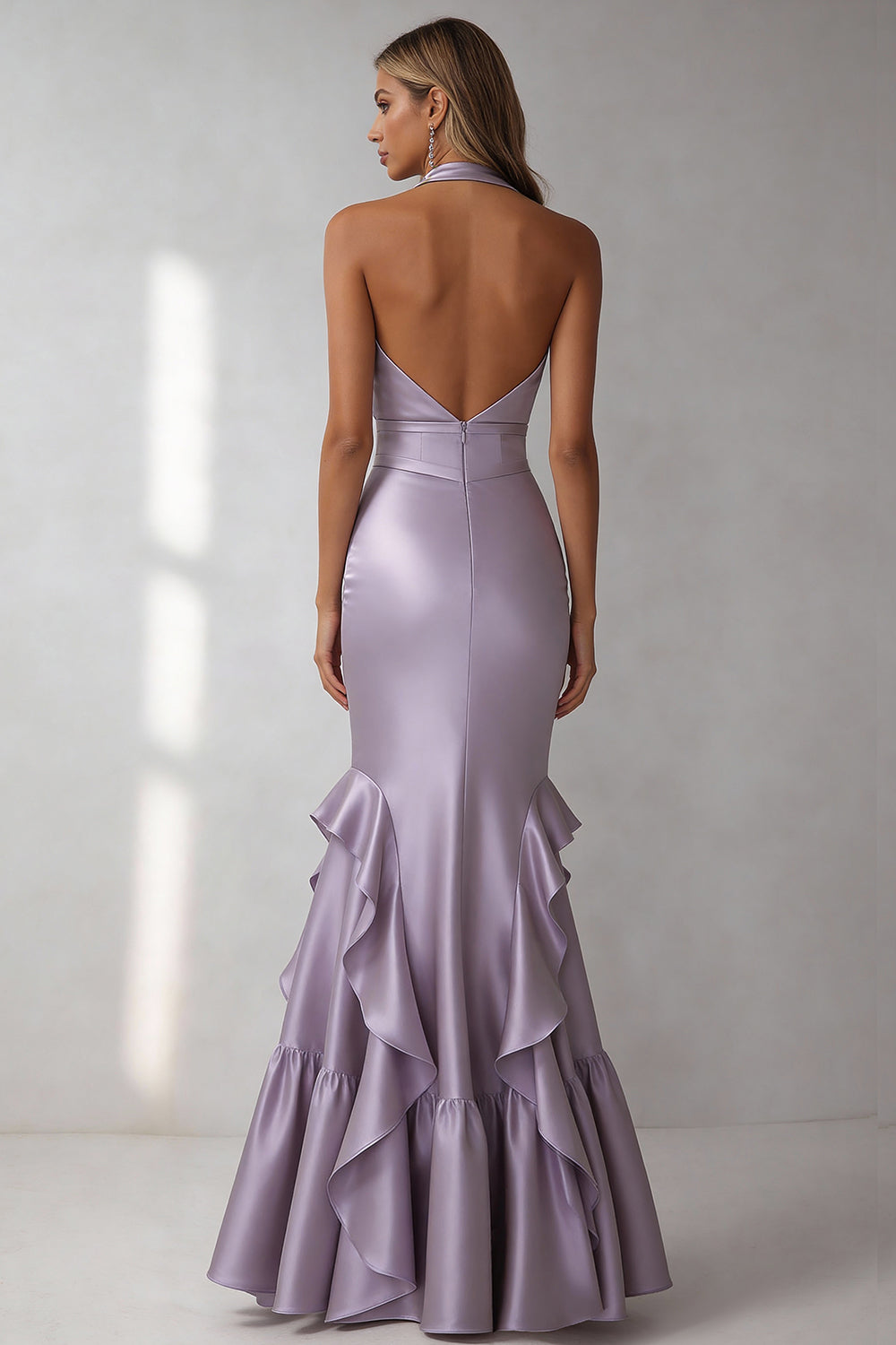 Lilac Mermaid Halter Neck Maxi Bridesmaid Dress with Ruffles