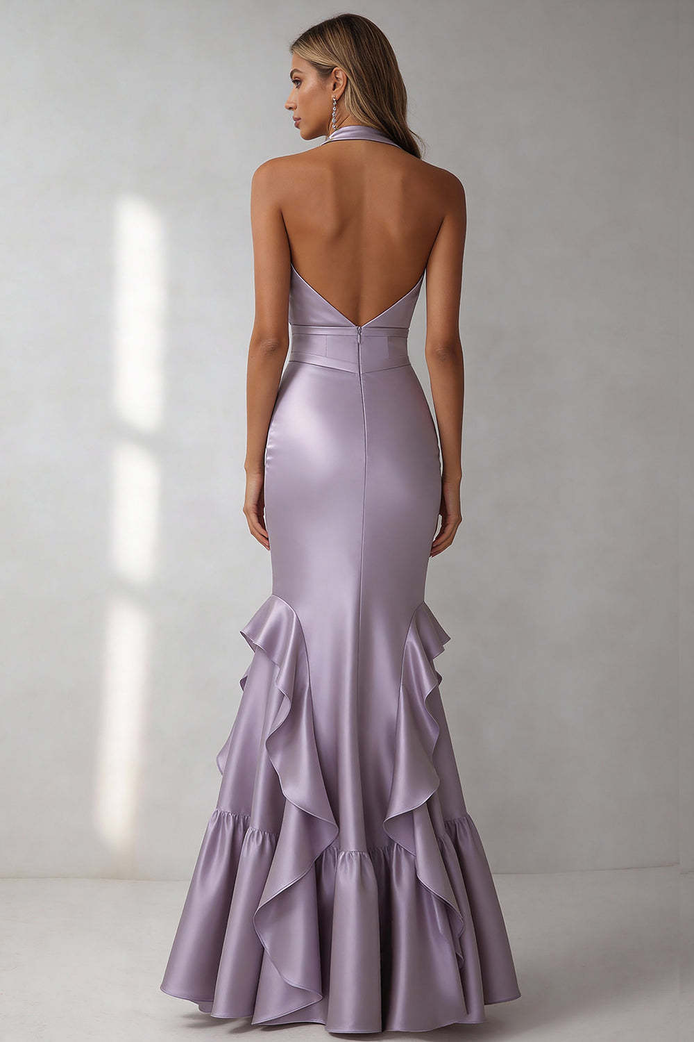 Lilac Mermaid Halter Neck Maxi Bridesmaid Dress with Ruffles