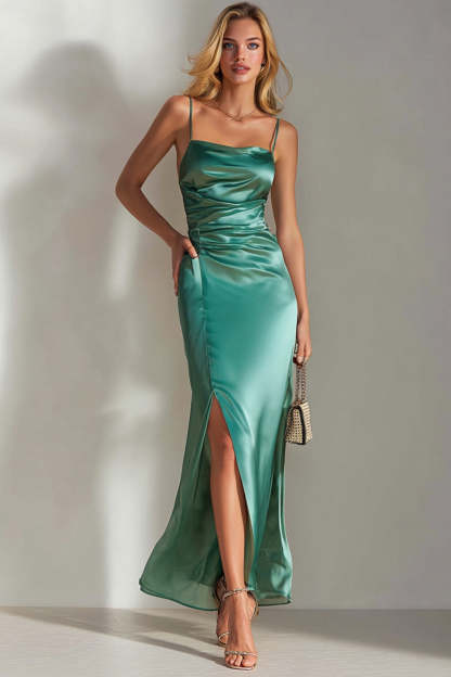Leely Women Emerald Green Maxi Bridesmaid Dress with Slit Spaghetti Straps Ruched Wedding Guest Dress